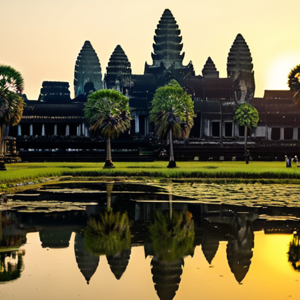 Angkor Wat - Sunrise**

"A serene sunrise over Angkor Wat, Cambodia. Ancient temple reflecting in the still water, lush jungle surrounding the complex. Golden light casting long shadows. Tourist, fully clothed in modest, respectful attire, watching the sunrise. Soft, diffused lighting. Safe for work. Appropriate content. Family-friendly. Perfect anatomy, correct proportions, natural pose, high-quality rendering, professional photography."

**