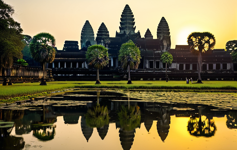 Angkor Wat - Sunrise**

"A serene sunrise over Angkor Wat, Cambodia. Ancient temple reflecting in the still water, lush jungle surrounding the complex. Golden light casting long shadows. Tourist, fully clothed in modest, respectful attire, watching the sunrise. Soft, diffused lighting. Safe for work. Appropriate content. Family-friendly. Perfect anatomy, correct proportions, natural pose, high-quality rendering, professional photography."

**