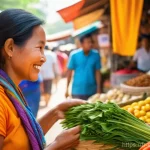 캄보디아 전통시장 흥정 요령 - **Prompt:** A bustling, open-air traditional Cambodian market scene at midday. The vibrant atmospher...