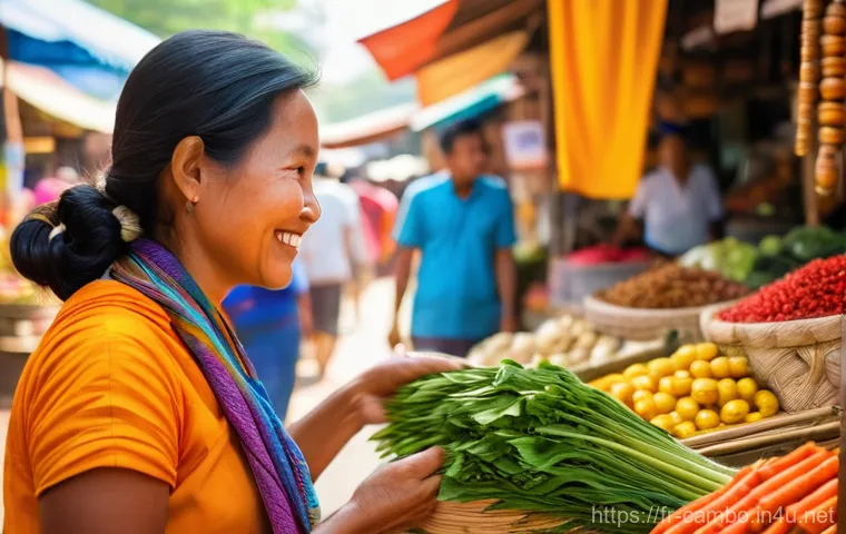 캄보디아 전통시장 흥정 요령 - **Prompt:** A bustling, open-air traditional Cambodian market scene at midday. The vibrant atmospher...