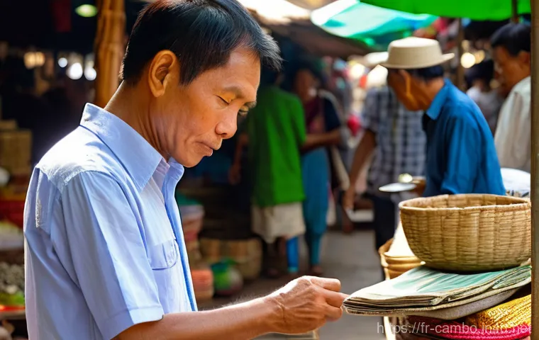 캄보디아 전통시장 흥정 요령 - **Prompt:** A bustling, open-air traditional Cambodian market scene at midday. The vibrant atmospher...