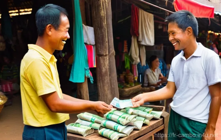 캄보디아 전통시장 흥정 요령 - **Prompt:** A focused shot inside a Cambodian market, highlighting the art of observation. A male to...