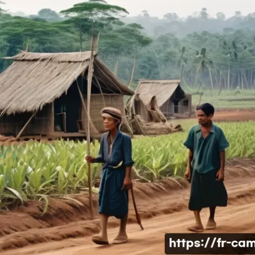 캄보디아 폴 포트 정권 - A detailed, somber scene of rural Cambodian villagers in the 1970s, dressed in simple traditional cl...
