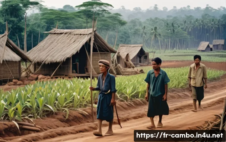 캄보디아 폴 포트 정권 - A detailed, somber scene of rural Cambodian villagers in the 1970s, dressed in simple traditional cl...