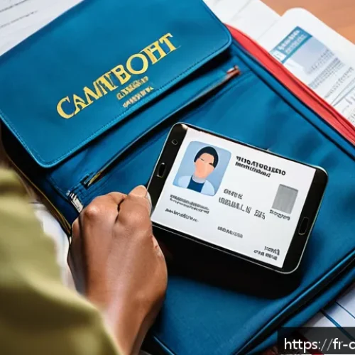 캄보디아 여행 안전 주의사항 - A detailed scene of a traveler preparing for a trip to Cambodia, showing a close-up of a valid passp...