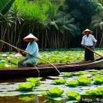 시엠립 여행 계획 - A hidden tranquil lake surrounded by dense jungle and giant blooming lotus flowers near Siem Reap, t...