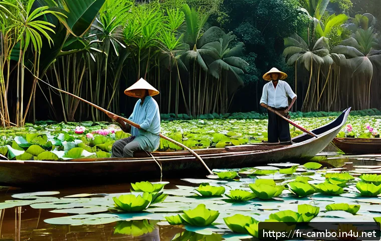 시엠립 여행 계획 - A hidden tranquil lake surrounded by dense jungle and giant blooming lotus flowers near Siem Reap, t...