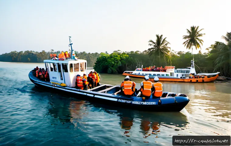캄보디아 해상사고 사례 - Photorealistic editorial-style scene of a Cambodian passenger ferry accident response near the coast...