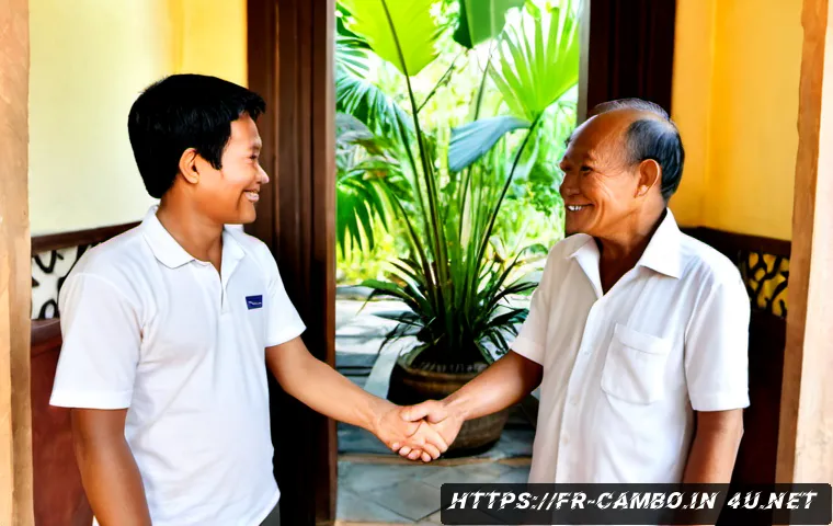 캄보디아 인사 예절 - Photorealistic respectful Cambodian greeting scene, a French-speaking traveler warmly meeting an old...