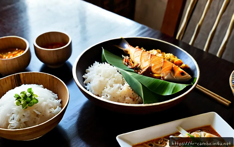 캄보디아 전통 음식 - Photorealistic Cambodian traditional food spread on a polished dark wooden table: fragrant fish amok...