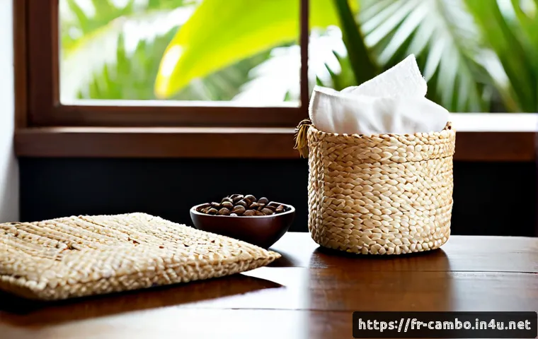 Home 17 캄보디아의 공정무역 상품 - Photorealistic still life of Cambodian fair-trade products on a simple natural wood table: handwoven...
